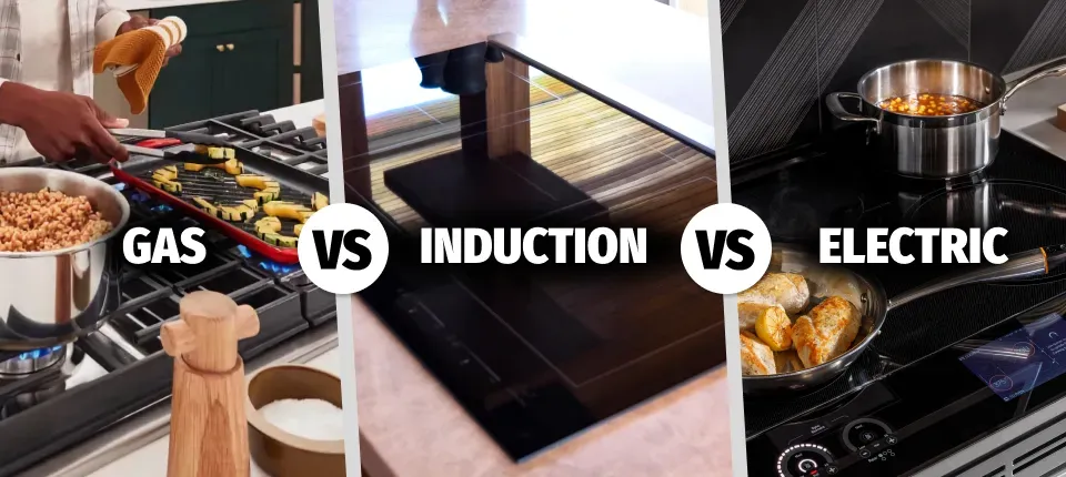 photos of gas and induction and electric cooktops side by side and labeled
